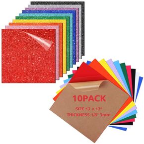 10Pcs Opaque Acrylic Sheets and 10Pcs Glitter Acrylic Sheets, 1/8 x 12 x 12in Acrylic Sheets and 1/8 x 8 x 8in Glitter Acrylic Sheets for Signs, Pet Tags, DIY Crafts, Laser Cutting Engraving