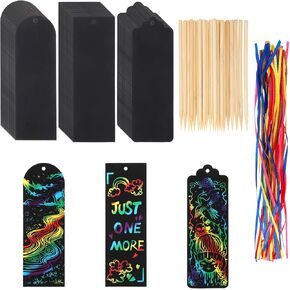 Dimeho Scratch Bookmarks, 48 Set Scratch Paper Art Bookmarks Craft Kits Party Favors Rainbow DIY Bookmark Hanging Gifts Tag with Scratching Tools Ribbon for Students Classroom Activities(3 Style)