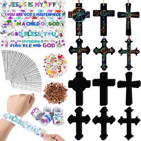 Frienda 200 PCS مجموعات DID DIY DIY ، آية الكتاب المقدس سوار صليب الصليب الخدش الزخارف الصليب الخشبي ملصقات مسيحية لتجميع الهدايا الدينية مستلزمات الحفلات