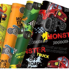 مجموعة ورقة التفاف شاحنة الوحش - 12 ورقة Monster Truck Gift Paper 4 Design Design Black and Orange Truck Wrappe Paper for Monster Truck Birthday Baby Shower Crafts 20 'x 27' '