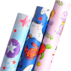 Ribbli Ocean Birthday Wrapping Paper 3 Rolls Gift Wrapping Paper for Kids Baby Shower with Manta Ray Turtles Jellyfish- Mini Roll 17 inch x 120 inch(10feet) Per Roll