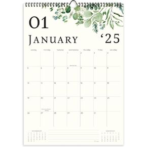 Wall Calendar 2025-2026, 18 Months, Runs From January 2025 to June 2026, 17" x 12" Large Wall Calendar with Hanger, Thick Paper and Spiral Binding. Watercolor Eucalyptus Design.