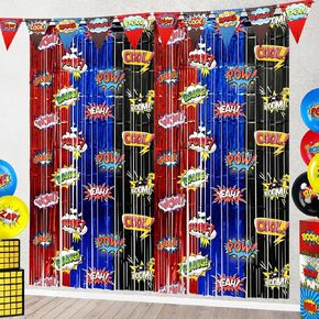 2 Pack Spider Foil Fringe Curtains Backdrop Birthday Party Decorations, 3.28 x 6.56 Ft Red Blue Black Foil Fringe Curtain Tinsel Streamer Photo Booth Props Spider Birthday Party Supplies Favors