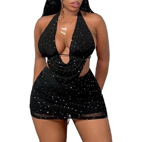 SHENHE Women's Sexy 2 Piece Outfits Mesh Long Sleeve Sheer Halter Bodysuit and Mini Skirt Set