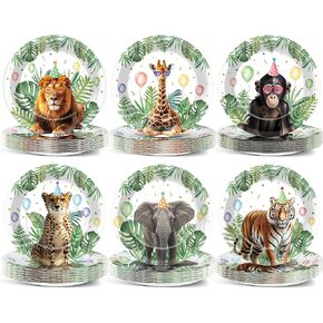 ZOIIWA 60PCS Jungle Safari Party Plates Wild Animals Birthday Paper Dinnerware Plate Set Safari Animal Themed Decorations for Boys Girls Baby Shower Supplies Gender Reveal Kids Birthday Favors 7inch