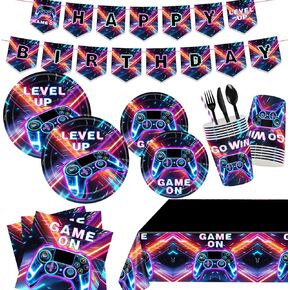 194 PCS Video Game Supplies Serving 24 ، تشمل لعبة على أدوات المائدة ذات الطابع النيون ، واللوحات ، والمناديل ، و Banner & TableCloth ، مثالية لتزيين حفلة عيد ميلاد Gamer Gamer