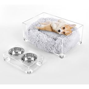 DBD2001A-2SET Billie 24" x 15.75" Small Modern Calming Fluffy Pet Bed with Washable Cushion and 4" Elevated Pet Feeder with 27 oz 2-Stainless Steel Bowls, Light Gray/Clear (Set of 2)