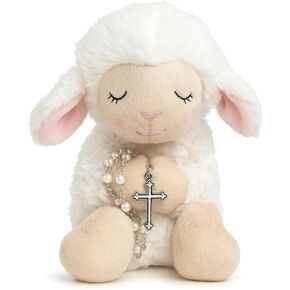Blessed Plush Lamb with Rosary Set for First Communion, Christening, Baby Rosary Baptism Gifts for Girl, Catholic Baptism Gifts for Boys 8.5 inches