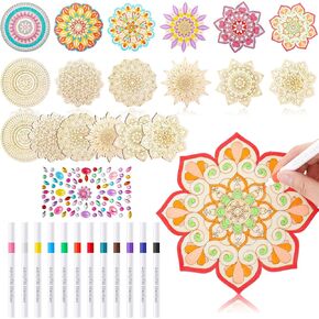 FullHawl 30 PCS Mandala Painting Set 18 Mandala غير مكتملة من الخشب مع 12 علامة لشرائح خشبية للحرف اليدوية للبالغين DIY علامات الطلاء ديكورز منزل الزفاف