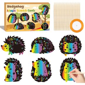Watinc Hedgehog Scratch Crafts Cards - 60pcs Fall Scratch Art Kit for Kid ، Autumn DIY Magic Animal Hanging Paper ، Party Harvest Sunday School Classrich