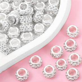 50 Pcs Large Hole Diamond Beads Rhinestone European Beads Large Hole Rondelle Crystal Hair Bead Rhinestone Spacer Beads for Braids Necklace Crafts Jewelry Making