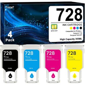728 Ink Cartridge (300ml) 4-Pack Replacement for HP 728 Ink F9J68A F9K17A F9K16A F9K15A Cartridge Work with DesignJet T830 MFP & T730 Large Format Plotter Printer Ink (Matte Black/Cyan/Magenta/Yellow)