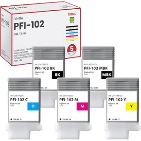 PFI-102 Ink Tank Set Replacement for Canon PFI102 PFI-102 Ink Cartridge PFI-102MBK PFI-102BK PFI-102C PFI-102M PFI-102Y for IPF500 510 IPF600 605 650 700 765 Printers, 5 Pack IPF765 Ink Cartridges