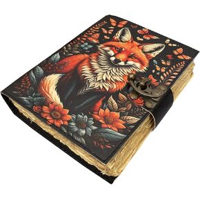 Blank Book of Shadows Journal Deckle Art Paper 120 Pages Fox Printed Leather Journals Cover Vintage Handmade Prayer Witchcraft Supplies Wiccan Diary Drawing Journal (7x5)