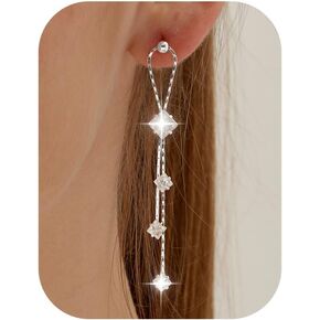Threader Earrings for Women 925 Sterling Silver Plated Cubiz Zircoina Long Dangle Drop Earrings for Teen Girls