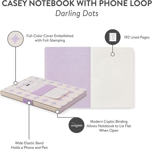 Studio Oh! Mothers Day Gifts Casey Notebook with Phone Holder - Stylish Design with Elastic Loops, 192 Lined Pages, 100 GSM, Coptic Binding - Ideal for Professionals, Students, Travelers - Darling Dots in Saudi Arabia