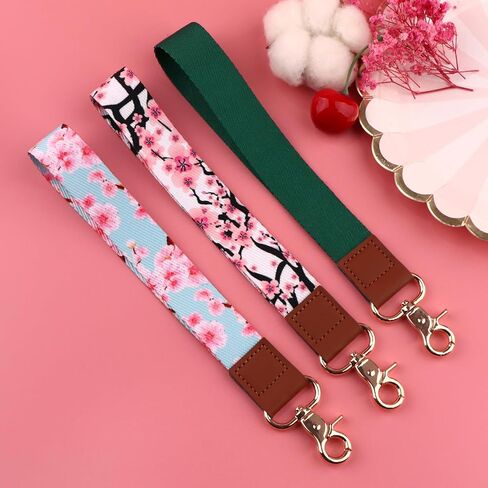 Cute Wrist Lanyard for Keys ID Badge, Wallet for Women Girls Pink Keychain Wristlet Boho Cell Phone Wrist Key Chain Strap with Keyring & Phone Pad(Cherry Blossom Flower) in Saudi Arabia