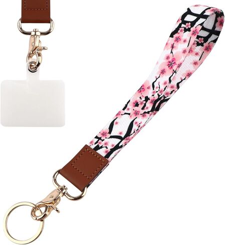 Cute Wrist Lanyard for Keys ID Badge, Wallet for Women Girls Pink Keychain Wristlet Boho Cell Phone Wrist Key Chain Strap with Keyring & Phone Pad(Cherry Blossom Flower) in Saudi Arabia