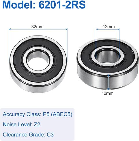 uxcell 6205-2RS Deep Groove Ball Bearings, 2pcs 25mm I.D x 52mm O.D x 15mm Thick C3 Double Rubber Sealed Chrome Steel (ABEC5, Black) in Kuwait