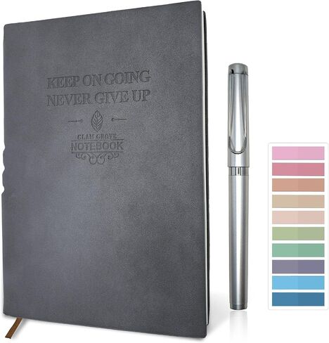 A5 Softcover Leather Lined Journal Notebook with Pen - 256 Pages of 100G Thick Paper, Includes Index Tab Stickers - Ideal for Writing, Travel, Work, and School (5.8" x 8.3", Grey) in Saudi Arabia