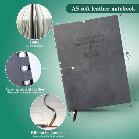 A5 Softcover Leather Lined Journal Notebook with Pen - 256 Pages of 100G Thick Paper, Includes Index Tab Stickers - Ideal for Writing, Travel, Work, and School (5.8" x 8.3", Grey) in Saudi Arabia