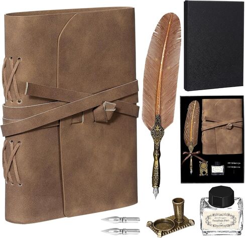 6 PCS Leather Leather Bound Bound Journal Feather Pen Gifts 220 Pages Vintage Journal Diary Leather Notebook Pen في صندوق الهدايا مرة أخرى إلى اللوازم المدرسية للرجال والنساء (الأخضر الداكن) in Kuwait