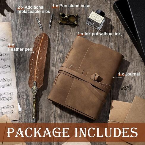 6 PCS Leather Leather Bound Bound Journal Feather Pen Gifts 220 Pages Vintage Journal Diary Leather Notebook Pen في صندوق الهدايا مرة أخرى إلى اللوازم المدرسية للرجال والنساء (الأخضر الداكن) in Kuwait
