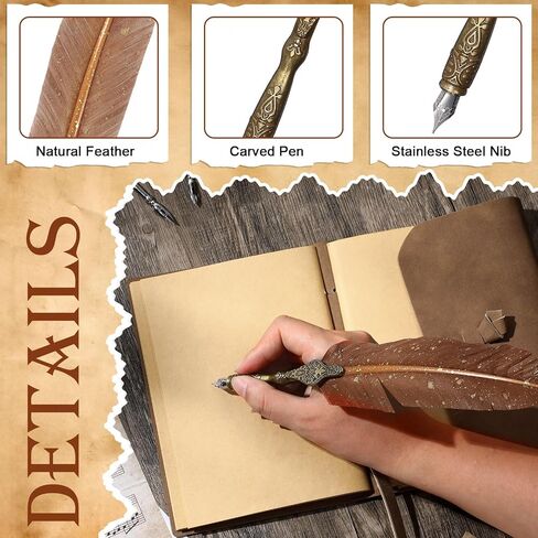 6 PCS Leather Leather Bound Bound Journal Feather Pen Gifts 220 Pages Vintage Journal Diary Leather Notebook Pen في صندوق الهدايا مرة أخرى إلى اللوازم المدرسية للرجال والنساء (الأخضر الداكن) in Kuwait