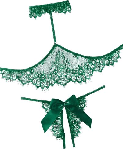 Lilosy Sexy Bow Choker Halter Floral Lace Sheer Lingerie Set for Women See Through Bra and Panty 2 Piece in Kuwait