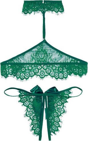 Lilosy Sexy Bow Choker Halter Floral Lace Sheer Lingerie Set for Women See Through Bra and Panty 2 Piece in Kuwait