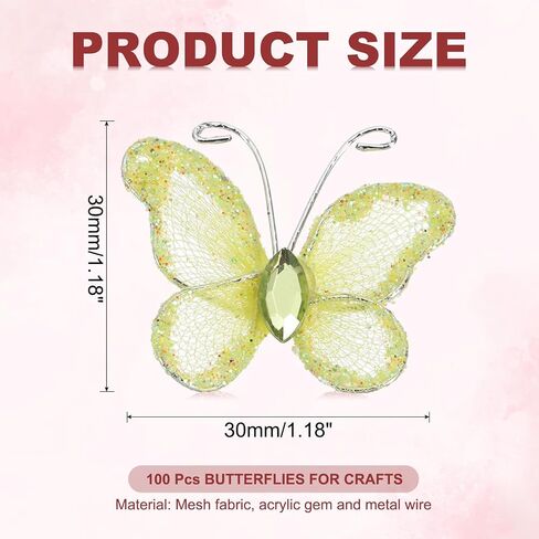 PATIKIL 100Pcs Butterflies for Crafts, 1.2" Mesh Wire Glitter Butterfly Organza Butterflies for DIY Craft Home Decor Clothing Wedding Decoration, Yellow in Kuwait