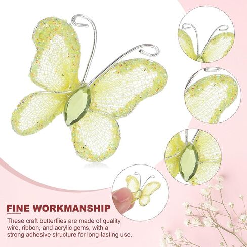 PATIKIL 100Pcs Butterflies for Crafts, 1.2" Mesh Wire Glitter Butterfly Organza Butterflies for DIY Craft Home Decor Clothing Wedding Decoration, Yellow in Kuwait
