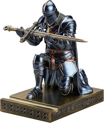Medieval Armored Warrior Wearing Outerwear, Mobile Phone Stand Knight Pen Holder Desk Organizers, Resin Bookends Paperweight with a Letter Opener for Desk (Iron) in Kuwait