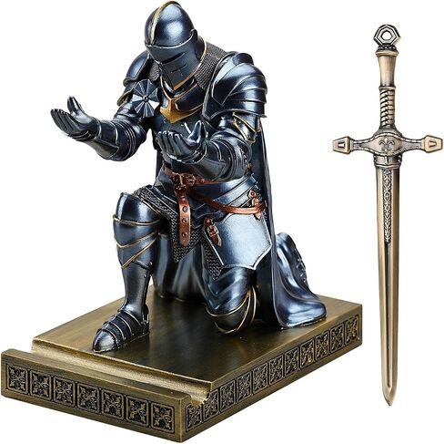 Medieval Armored Warrior Wearing Outerwear, Mobile Phone Stand Knight Pen Holder Desk Organizers, Resin Bookends Paperweight with a Letter Opener for Desk (Iron) in Kuwait
