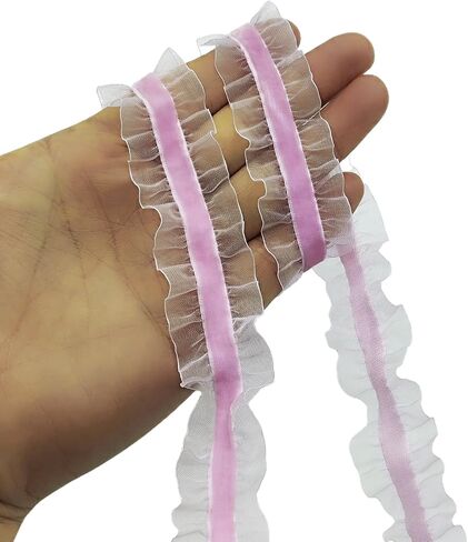 2 Yards Vintage Pink Velvet Ribbons Lace Ruffled Pleated Elastic Stretch Lace Trim Ribbon for Gift Package Wrap, Wedding Decor and Crafts 25mm in Saudi Arabia