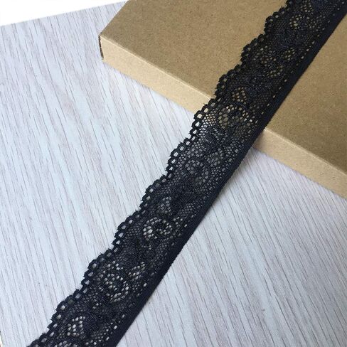 Olive Lace 1.2 inch Wide 5 Yards Stretchy lace Ribbon Elastic Trim Fabric with Floral Pattern for Bridal Wedding Decorations, Sewing DIY Making and DIY Crafts (9009 Black) in Saudi Arabia