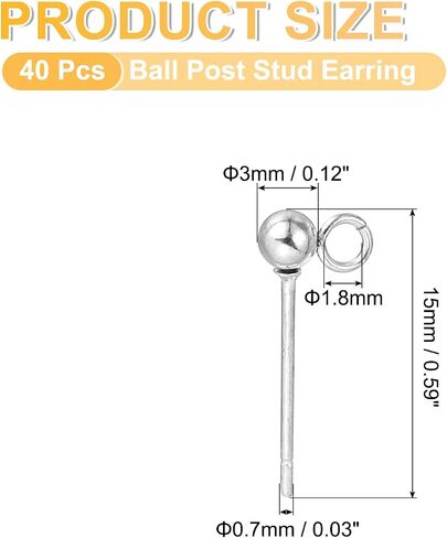 uxcell 40Pcs Ball Post Stud Earrings, 15x3mm Stainless Steel Round Ear Pin Earring Findings with Vertical Loop for Earring Jewelry DIY, Silver in Saudi Arabia