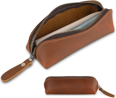 Genuine Leather Pencil Case, Leather Pencil Pouch Large Capacity, Big Pencil Pouch with Zipper Vintage Pen Bag Fountain Pen Holder for Men Women Businessmen Artists Home Office(Dark Brown) in Saudi Arabia