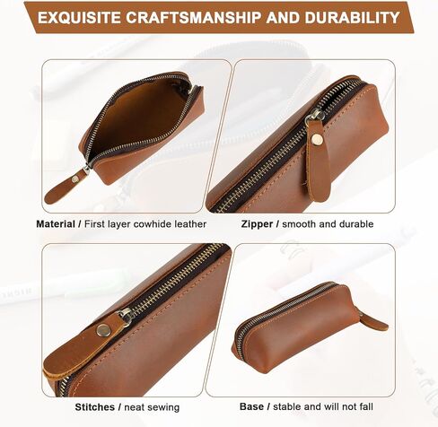 Genuine Leather Pencil Case, Leather Pencil Pouch Large Capacity, Big Pencil Pouch with Zipper Vintage Pen Bag Fountain Pen Holder for Men Women Businessmen Artists Home Office(Dark Brown) in Saudi Arabia