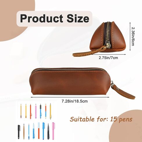 Genuine Leather Pencil Case, Leather Pencil Pouch Large Capacity, Big Pencil Pouch with Zipper Vintage Pen Bag Fountain Pen Holder for Men Women Businessmen Artists Home Office(Dark Brown) in Saudi Arabia