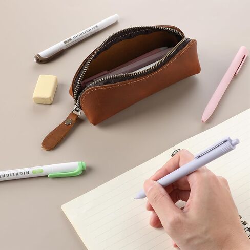 Genuine Leather Pencil Case, Leather Pencil Pouch Large Capacity, Big Pencil Pouch with Zipper Vintage Pen Bag Fountain Pen Holder for Men Women Businessmen Artists Home Office(Dark Brown) in Saudi Arabia