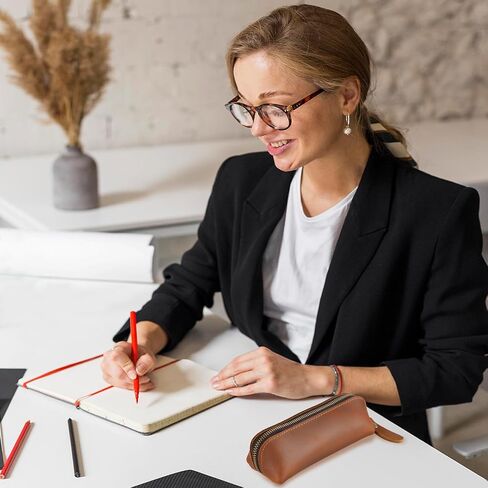 Genuine Leather Pencil Case, Leather Pencil Pouch Large Capacity, Big Pencil Pouch with Zipper Vintage Pen Bag Fountain Pen Holder for Men Women Businessmen Artists Home Office(Dark Brown) in Saudi Arabia
