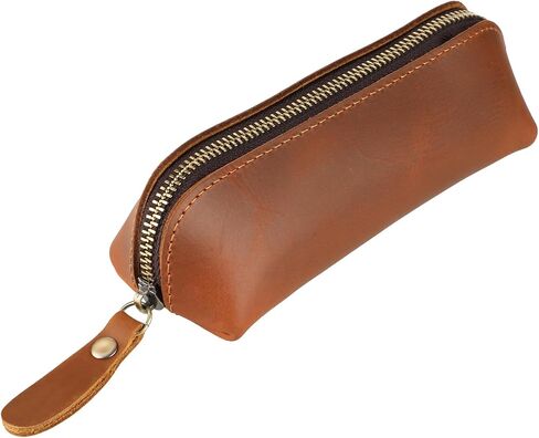 Genuine Leather Pencil Case, Leather Pencil Pouch Large Capacity, Big Pencil Pouch with Zipper Vintage Pen Bag Fountain Pen Holder for Men Women Businessmen Artists Home Office(Dark Brown) in Saudi Arabia