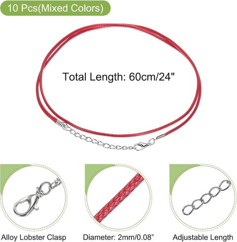 MECCANIXITY 10pcs 24 Inch Waxed Necklace Cord, Bulk Necklace String with Clasp 2mm Waxed Leather Cord Rope for Jewelry Making DIY Bracelet Pendant,Mixed Colors in Saudi Arabia