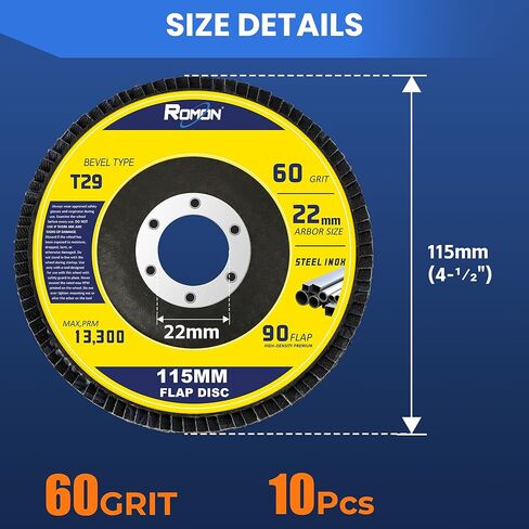 أقراص رومون فلاب 40 حبيبة، 10 عبوات 4 1/2 × 7/8 بوصة قرص صنفرة رفرف، نوع 29 زركونيا عجلة طحن من الألومنيوم، مواد كاشطة أكسيد للفولاذ المقاوم للصدأ، صفائح معدنية (إصدار عالي الكثافة، 115 مم) in Kuwait