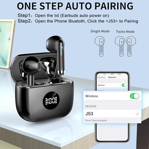 سماعات أذن بلوتوث لاسلكية من Jxrev، شاشة عرض طاقة LED داخل الأذن، تحكم باللمس في سماعات الأذن بلوتوث، سماعات مع ميكروفون لنظام Android iOS، خفيفة للغاية ومحمولة، مقاومة للماء IP7 in Kuwait