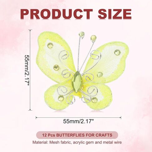 Patikil 12pcs الفراشات للحرف اليدوية ، 2.2 "شبك سلك بريق الفراشة الفراشات العضوية لديكور ديكور المنزل ديكورت ملابس الزفاف ، الأصفر الفاتح in Kuwait