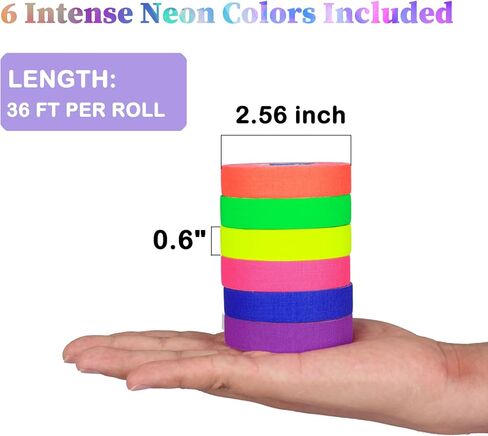 Neon Gaffer Cloth Tape, 6 Tiny Rolls 0.4inch x 16.5 ft UV Blacklight Glow Party Supplies, UV Reactive Gaffers Tape for Neon Party Decorations in Kuwait