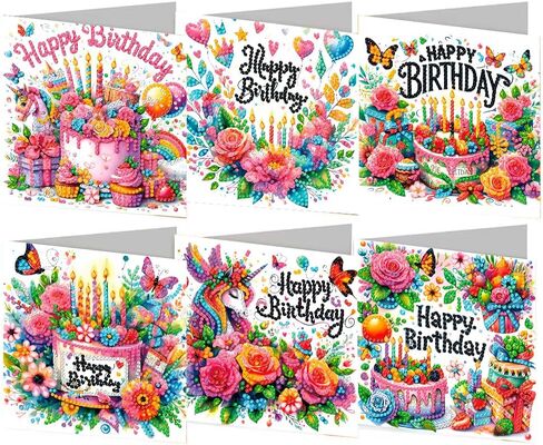 ACSAUMMY Diamond Art Happy Birthday Cards, 6 Pack 5D Diamond Greeting Cards Kits for Adults DIY Diamond Art Birthday Cards with Envelopes Birthday Gifts for Families, Friends, Partners in Saudi Arabia