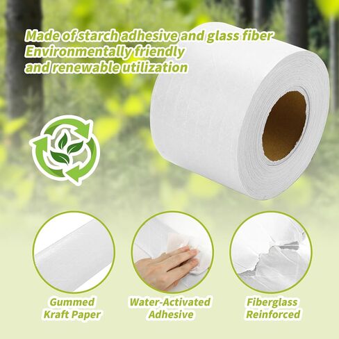 2 Rolls Reinforced Water Activated Tape,3" x150ft(50yds) Per Roll,White Gummed Kraft Paper Tape with Strong Fiberglass,Adhesive Surface is Sticky When Wet.Suit for Packing Boxes. in Saudi Arabia